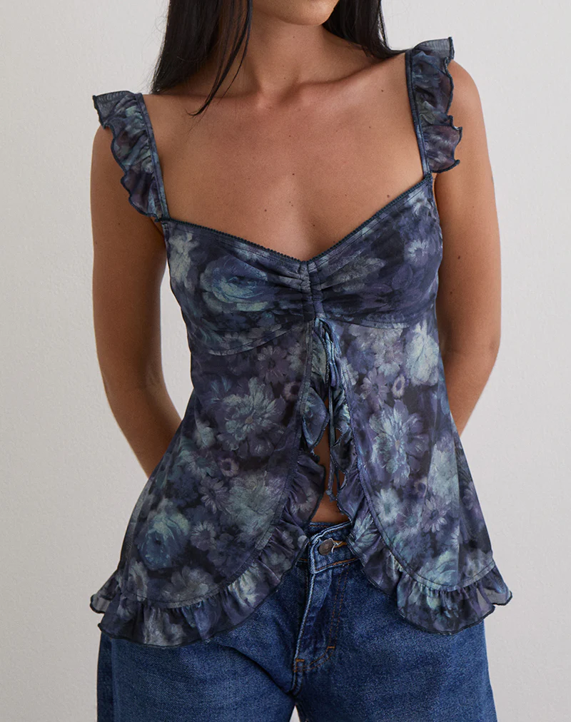 Jibola Top in Mesh Arty Flowers Dark Blue