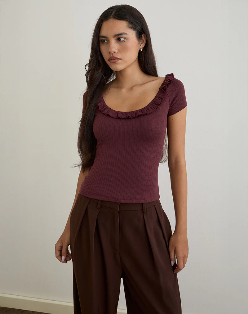 Mitali Top with Ruffle in Pointelle Burgundy
