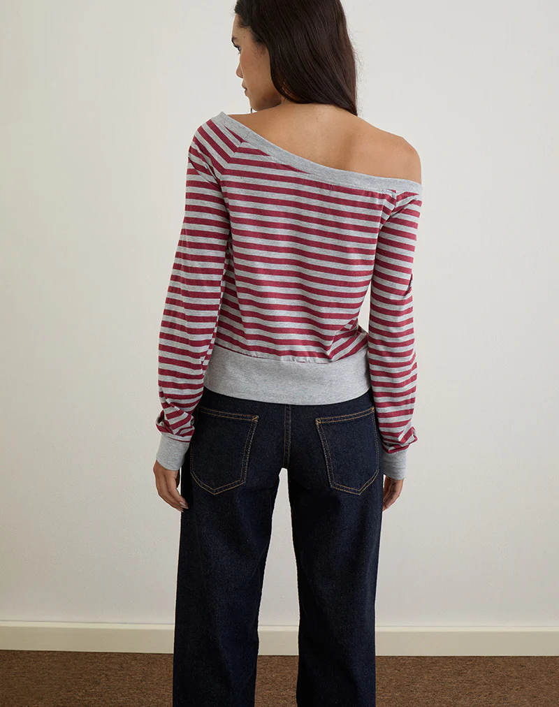 Yacin Slouchy Top in Grey and Burgundy Stripe