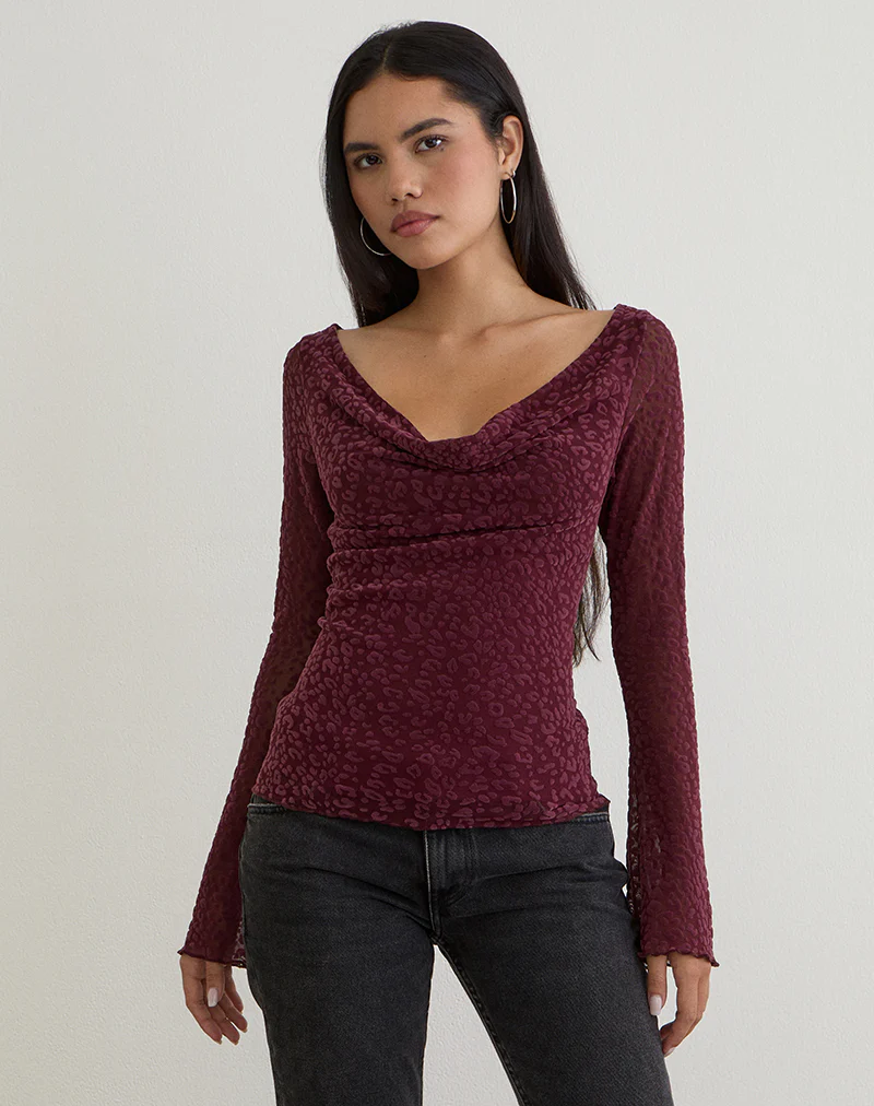 Trivedi Long Sleeve Top in Flock Mini Leopard Plum