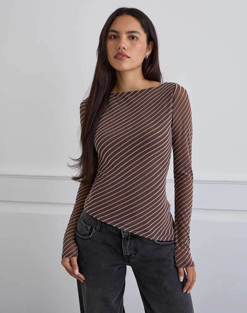 Lakya Long Sleeve Top in Diagonal Stripe Flocked Brown and Cream
