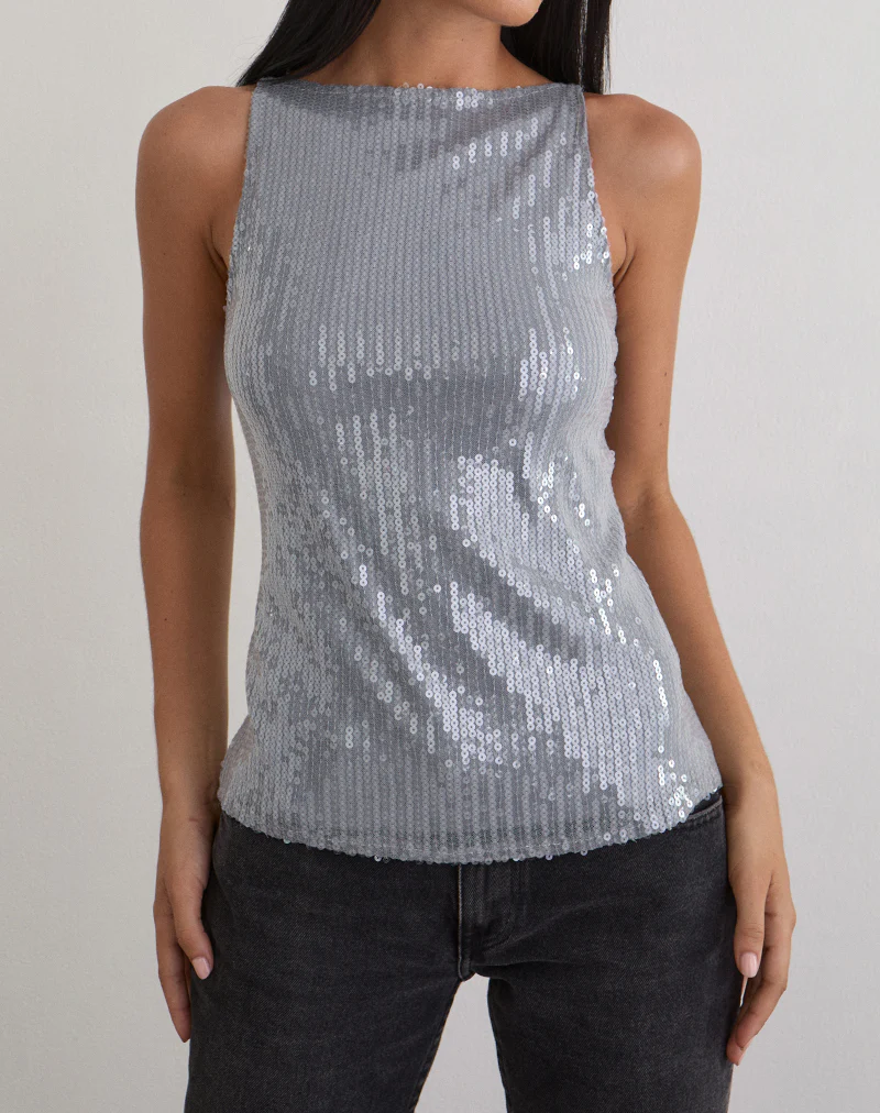 Damske Vest Top in Clear Tinted Sequin Grey