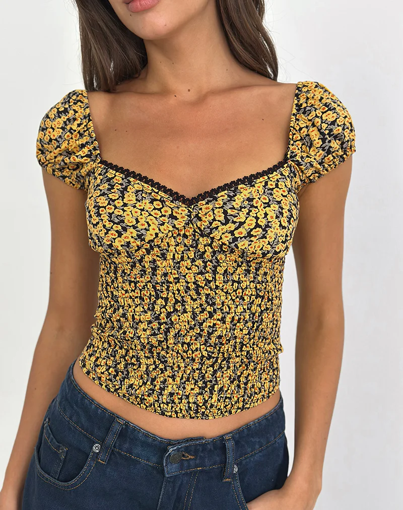 Shizu Cap Sleeve Top in Mini Bloom Yellow