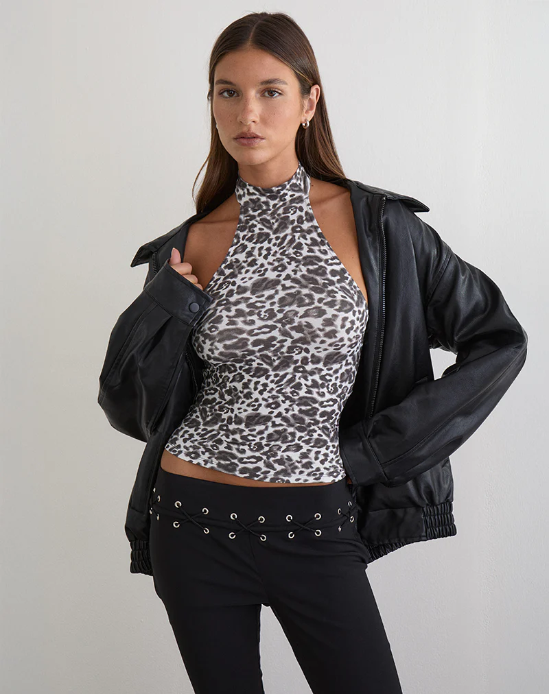 Galile High Neck Top in Jersey Blurry Leopard Grey