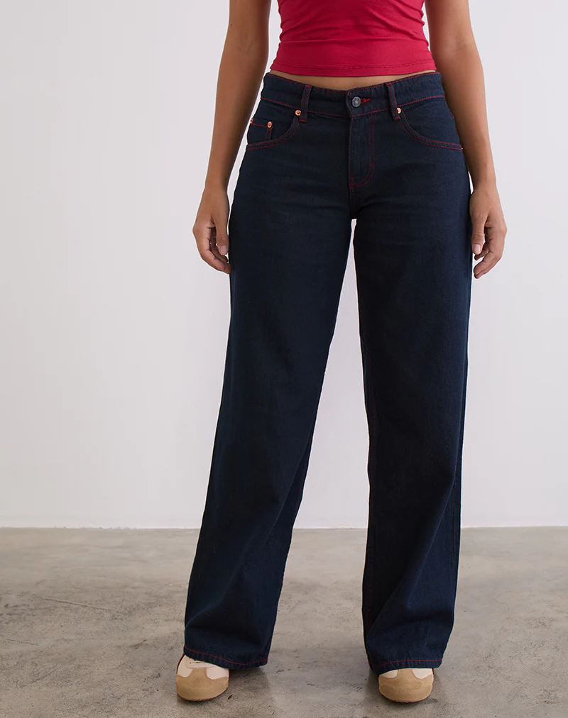 Low Rise Roomy Jeans in Indigo with Red Stitch