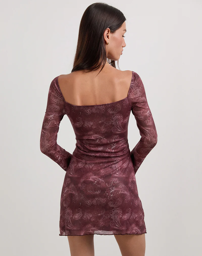 Modena Long Sleeve Mini Dress in Tonal Paisley Plum