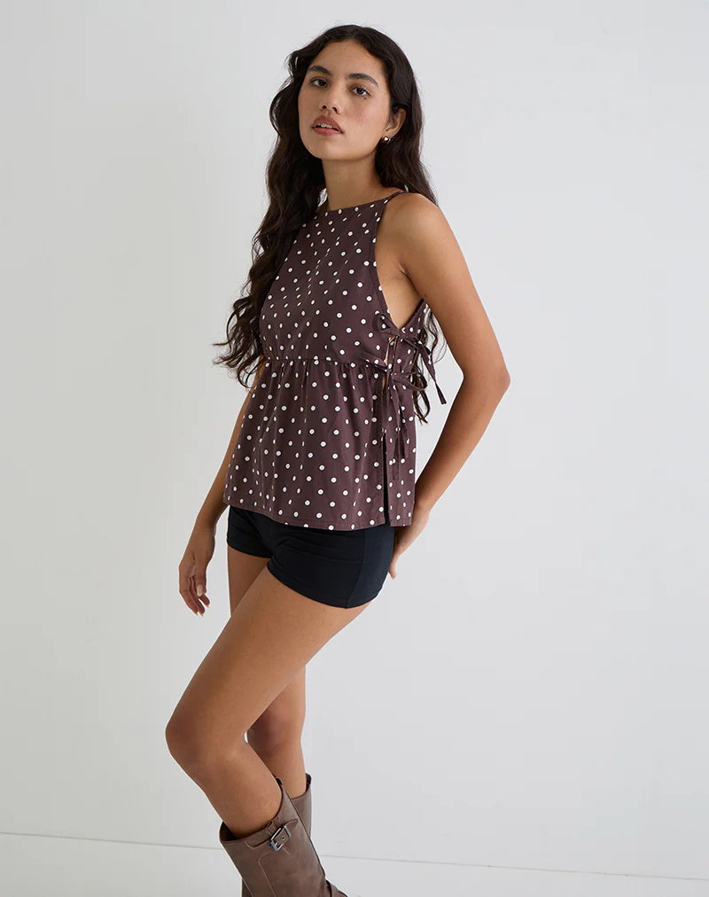 Palsi Tie Side Top in Brown with Medium Polka White