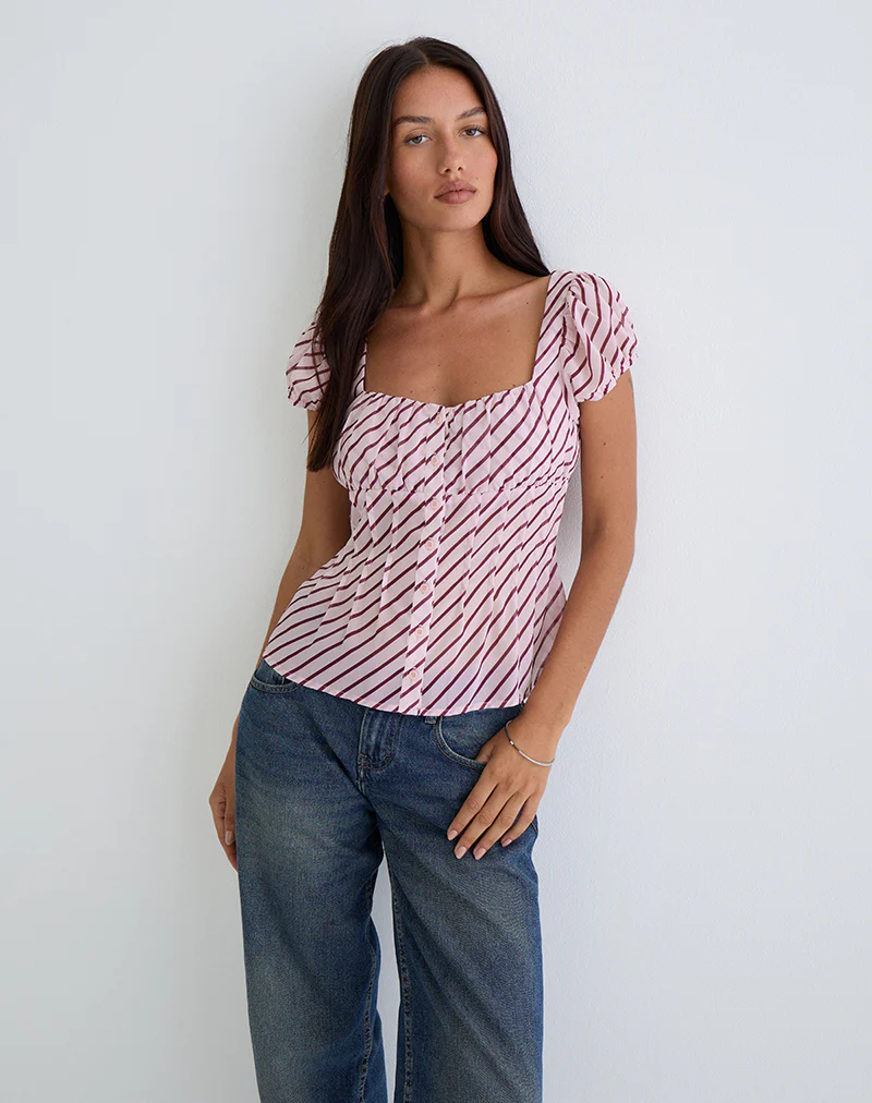 Rolina Blouse in Chiffon Stripe Pink and Burgundy
