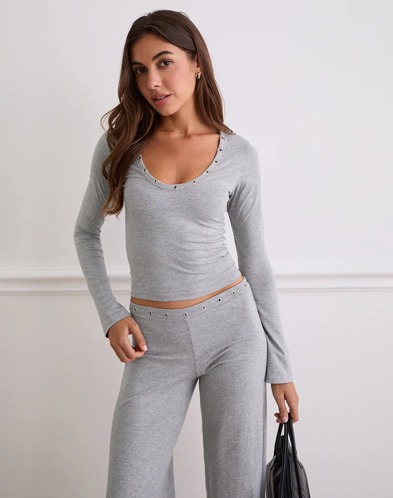 Myoga Studded Scoop Long Sleeve Top in Grey Marl