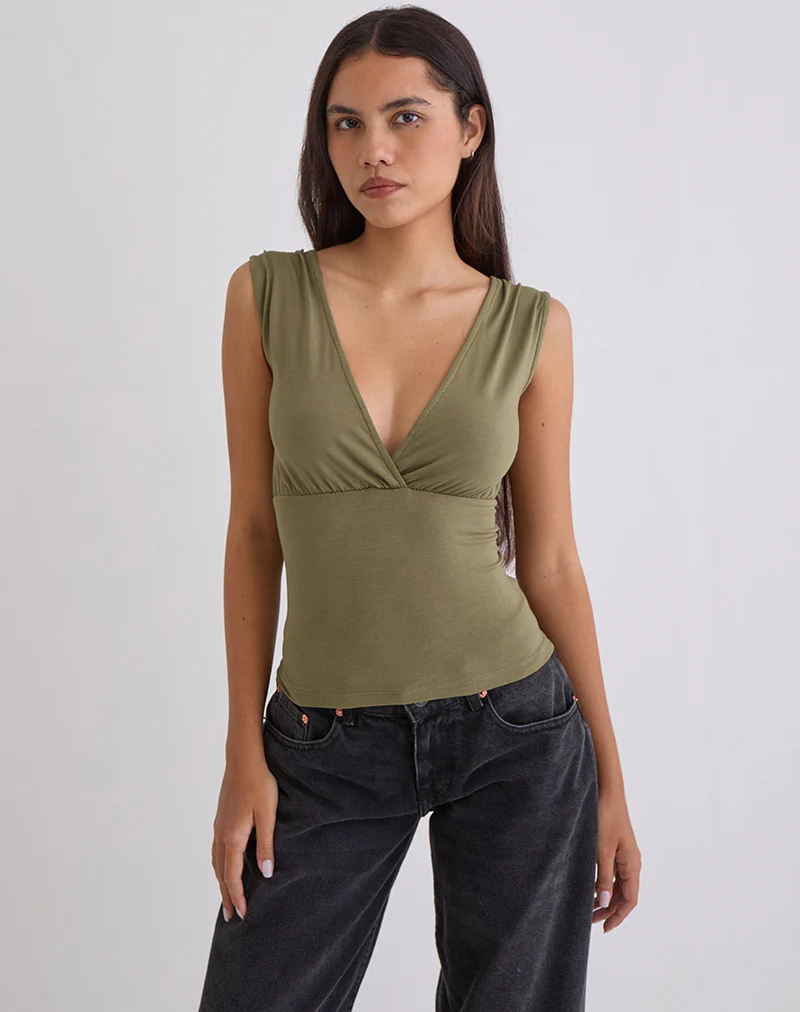 Marti V-Neck Top in Jersey Khaki