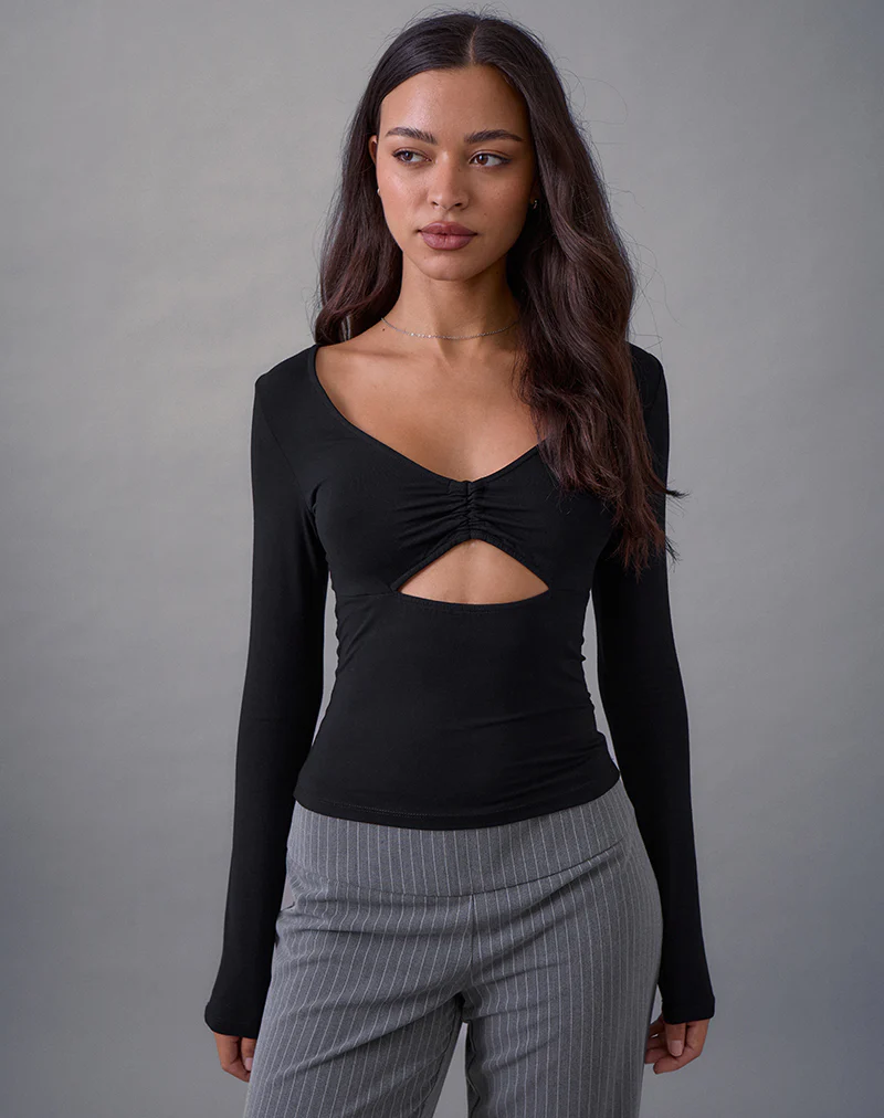 Nyala Long Sleeve Cutout Top in Rayon Jersey Black