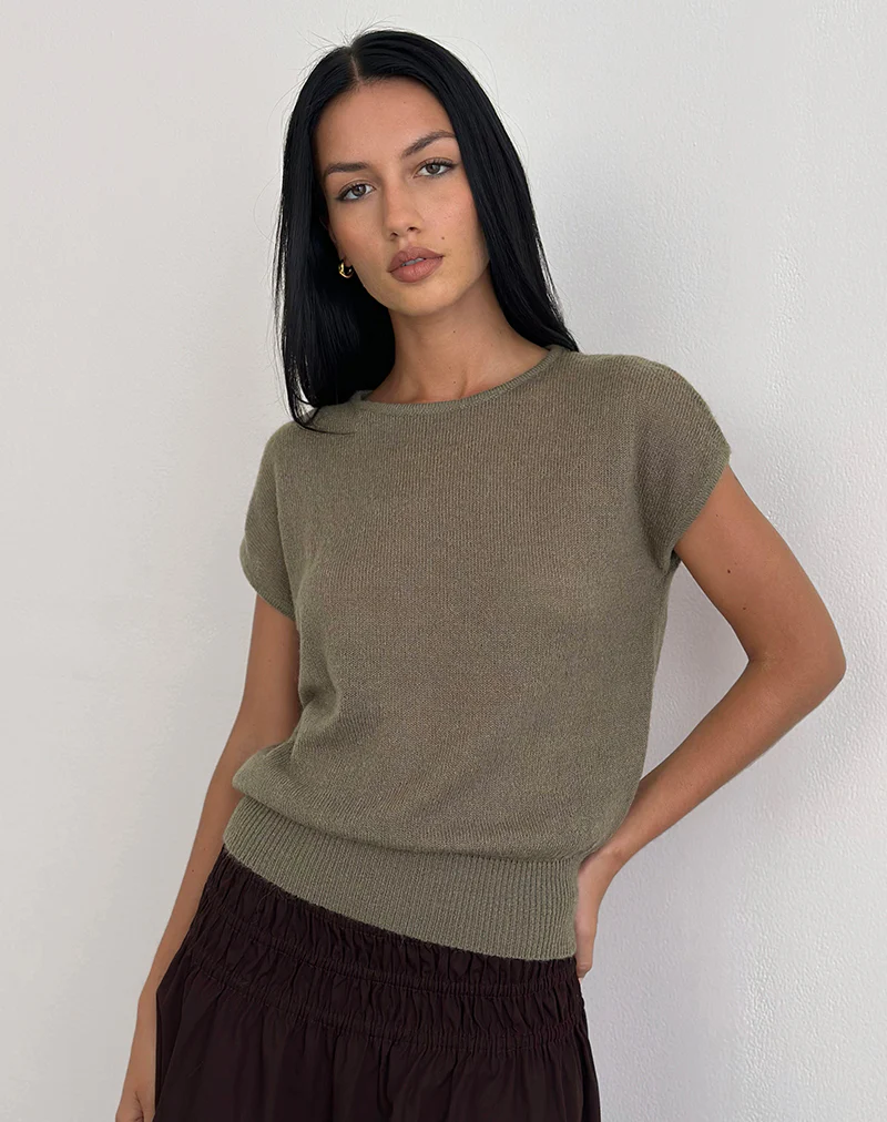 Sorin Deep Waistband Top in Knit Khaki