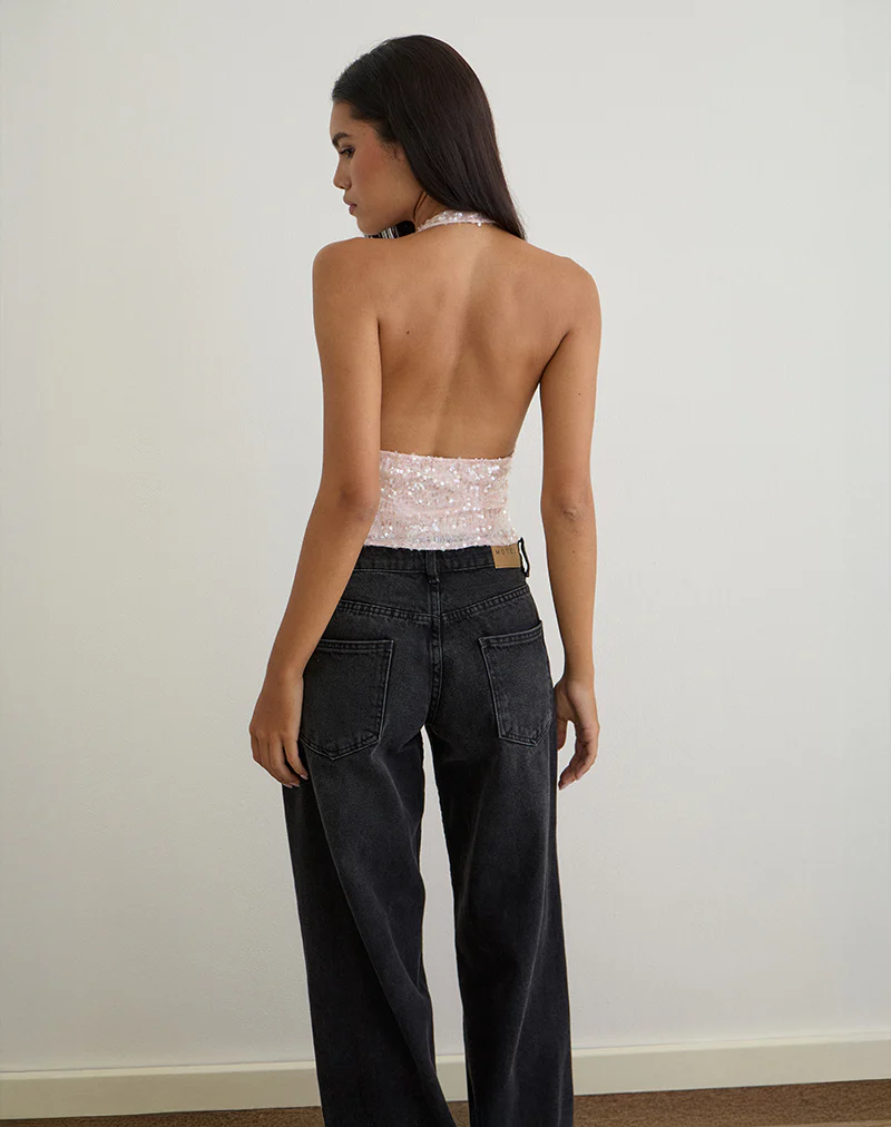 Cosio Halter Top in Sequin Baby Pink
