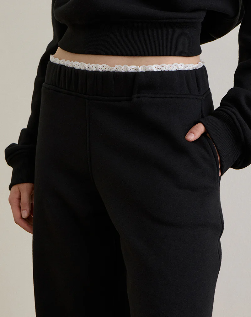 Jenita Loose Jogger in Black with White Picot Trim