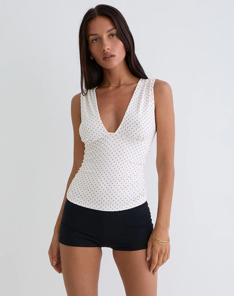 Lycia Plunge Top in White with Red Micro Polka Print