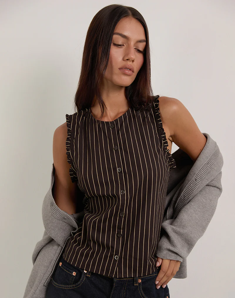 Yarala Blouse in Mono Pinstripe Chocolate