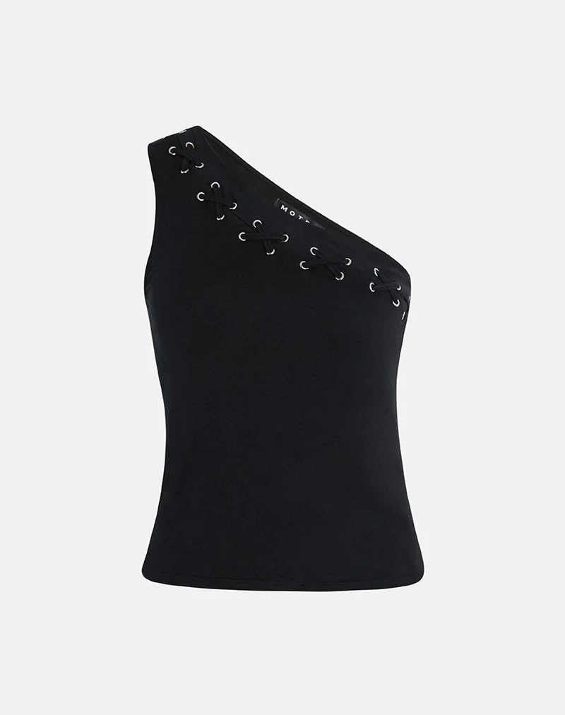 Chivago Cross Lace Up One Shoulder Top in Jersey Black