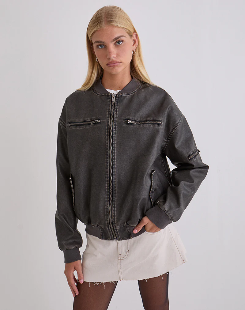 Marco Distressed Bomber Jacket in PU Charcoal