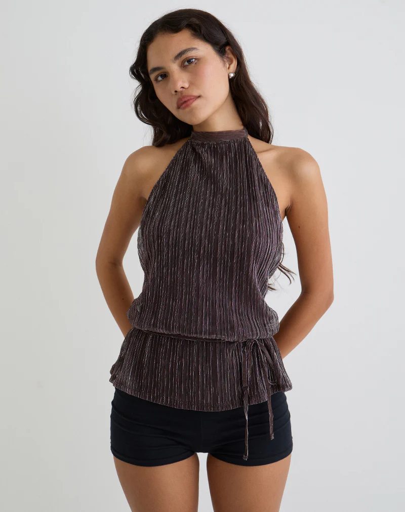 Brienne Top in Brown Shimmer Sheer Plisse