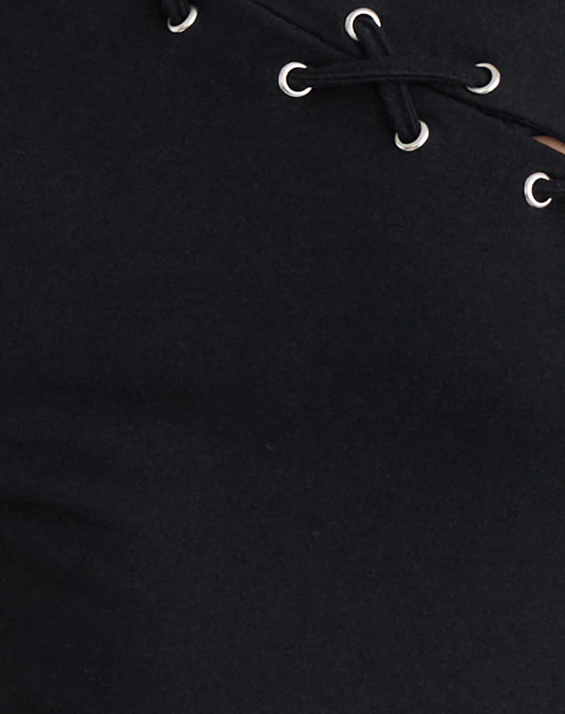 Chivago Cross Lace Up One Shoulder Top in Jersey Black