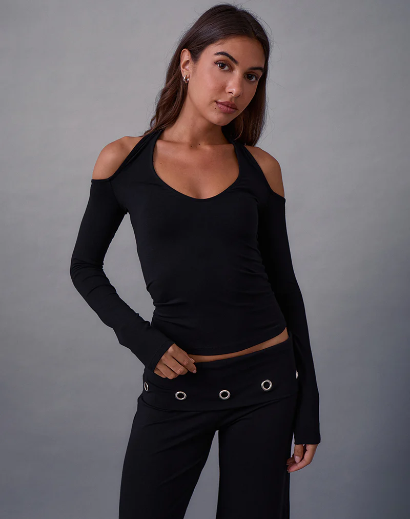 Melton Long Sleeve Halter Top in Rayon Jersey Black