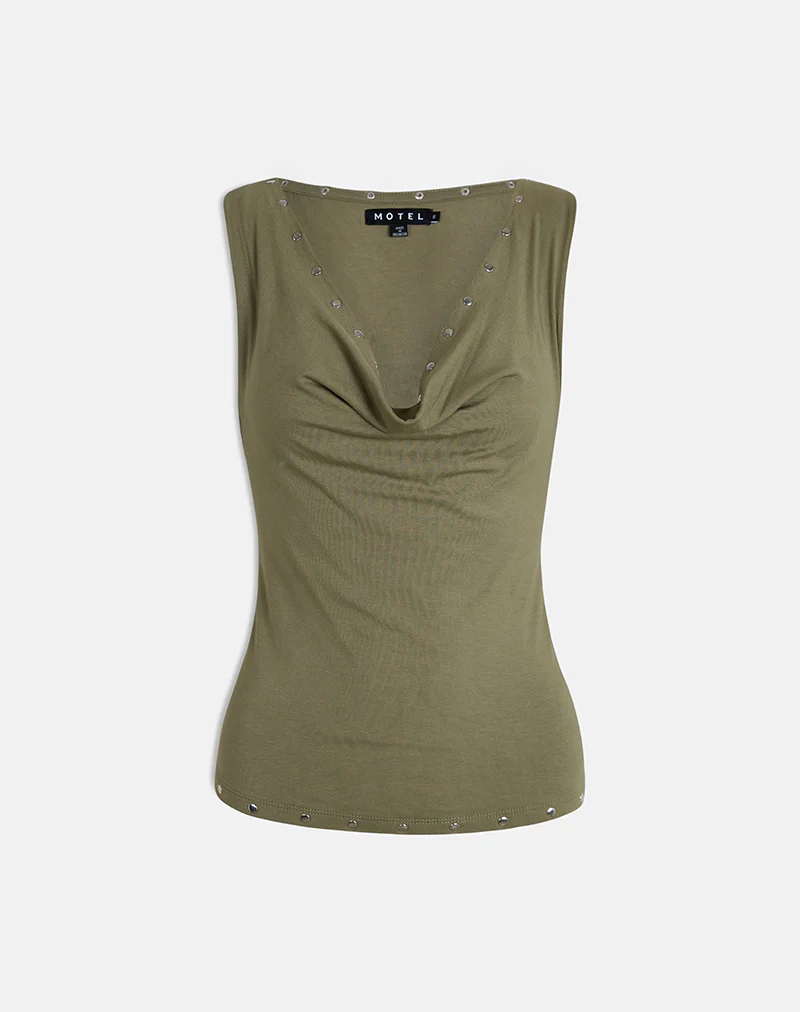 Slater Studded Top in Rayon Jersey Khaki