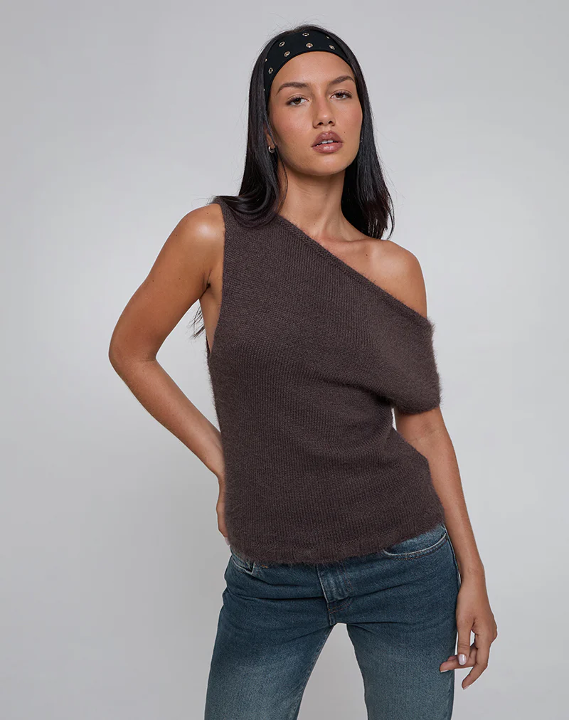 Calyce Off Shoulder Top in Fluffy Knit Dark Brown