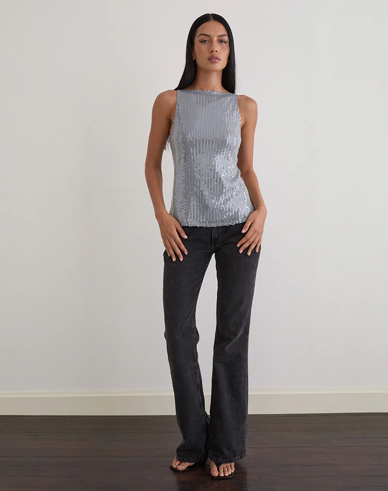 Damske Vest Top in Clear Tinted Sequin Grey