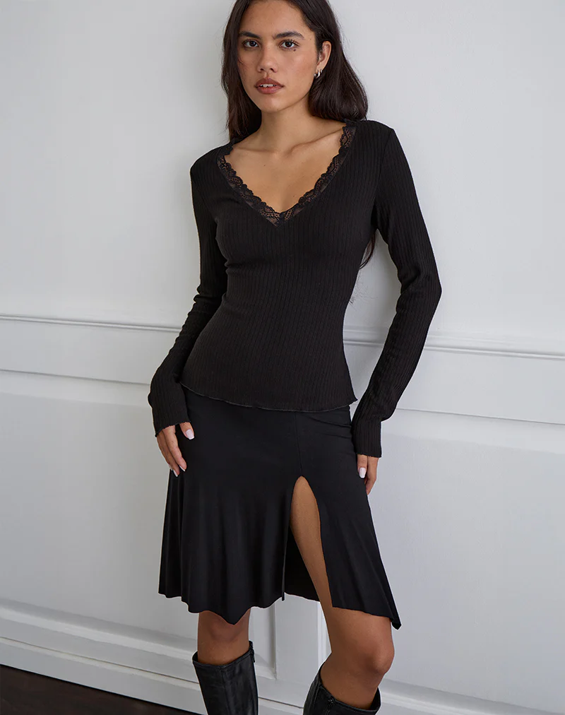Maivi Long Sleeve Top in Black with Lace Trim