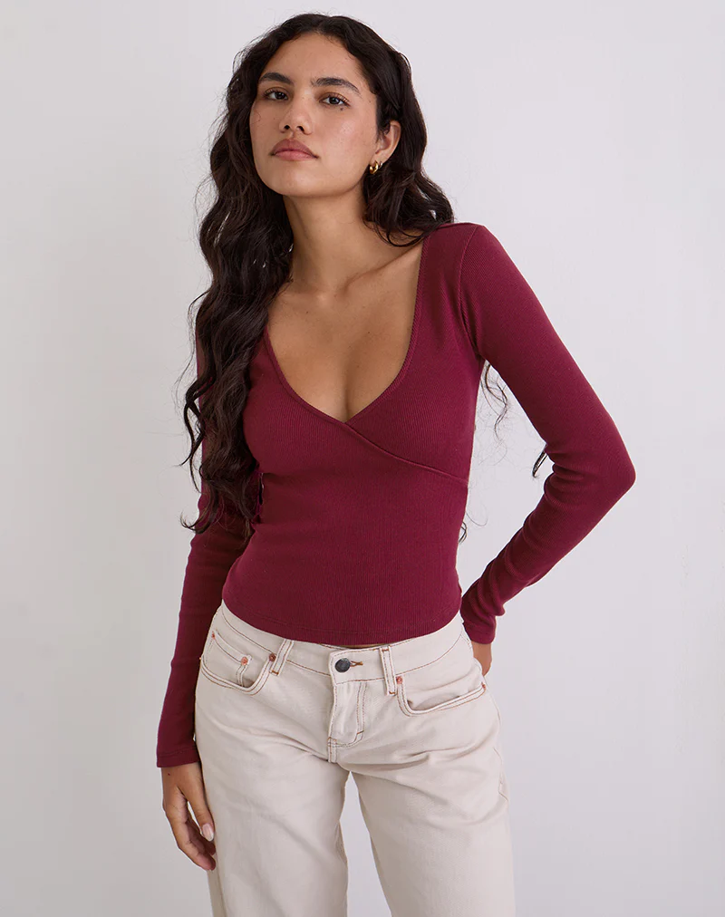 Dulcet Ribbed Plunge Long Sleeve Top in Burgundy
