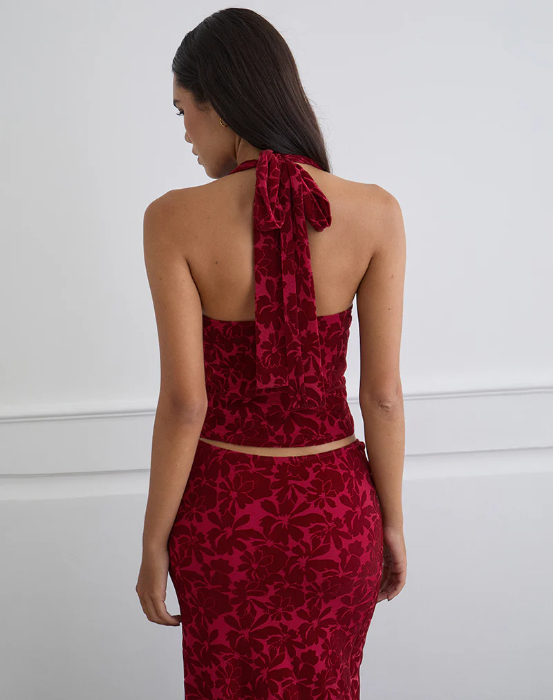 Clandy Cowl Top in Flocked Mesh Flower Cherry