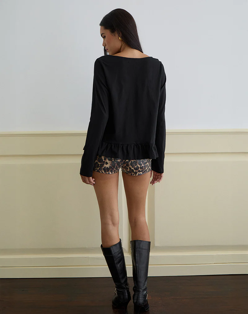 Vivala Boxy Long Sleeve Top in Black with Frill Hem