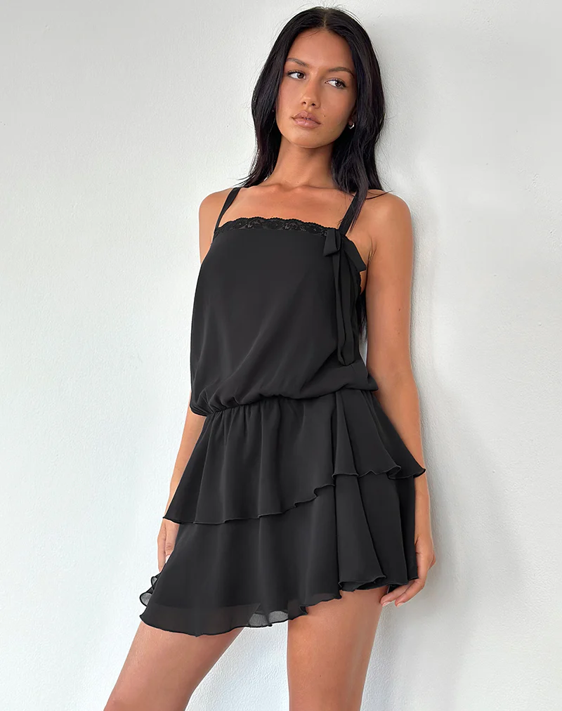 Wasinah Mini Dress in Black Chiffon with Lace Trim