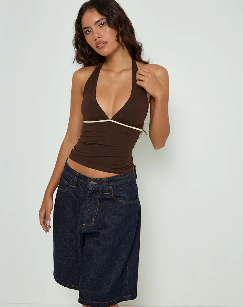 Abeth Halterneck Top in Chocolate Brown with Lemon Piping