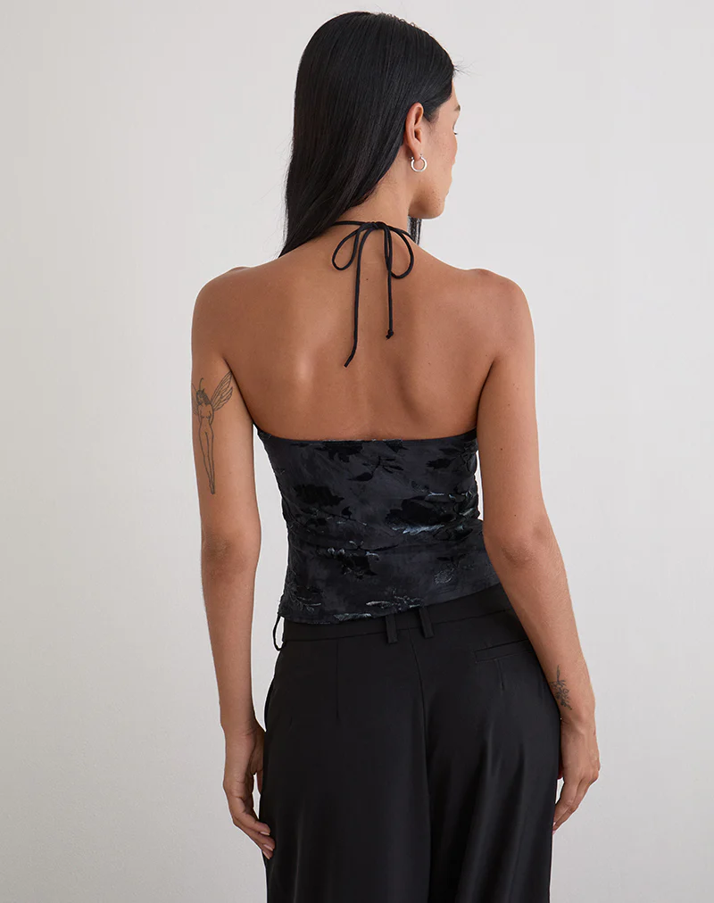 Daiki Halterneck Top in Leaf Velvet Dark Blue