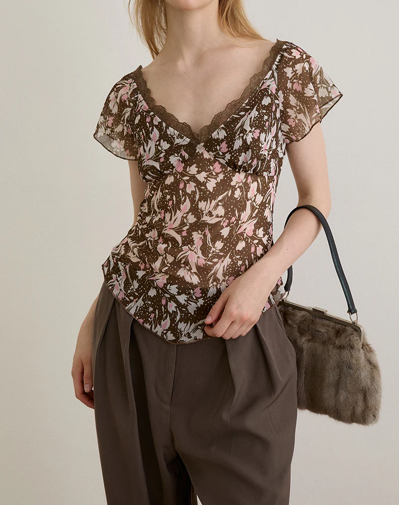 Misaki Top in Chiffon Polka Flower Brown