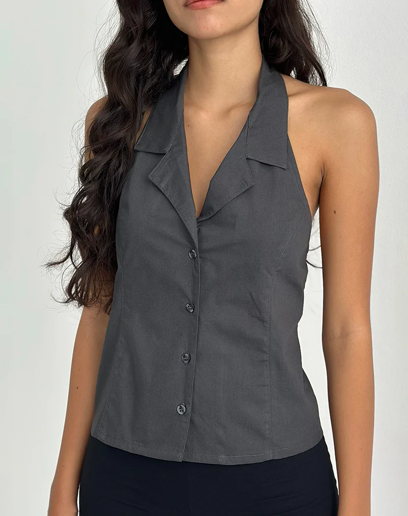 Mikanu Button Down Halterneck Blouse in Charcoal Grey