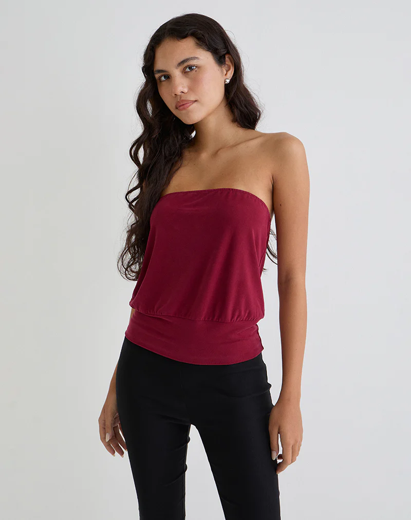 Leocadia Bandeau Top in Cupro Dark Red