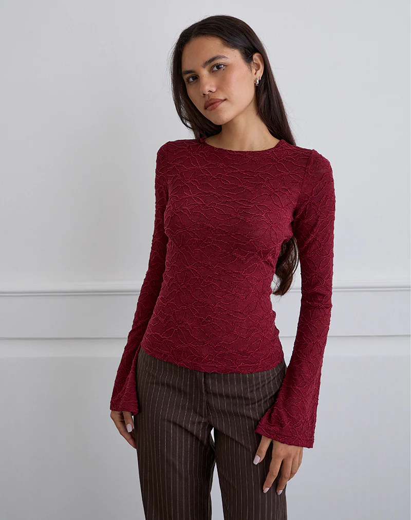 Aven Asymmetric Top in Textured Knit Red