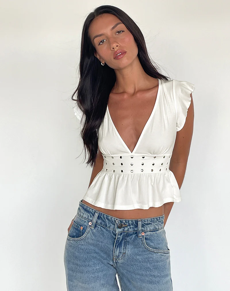 Leisma Frill Top in Jersey White with Studs