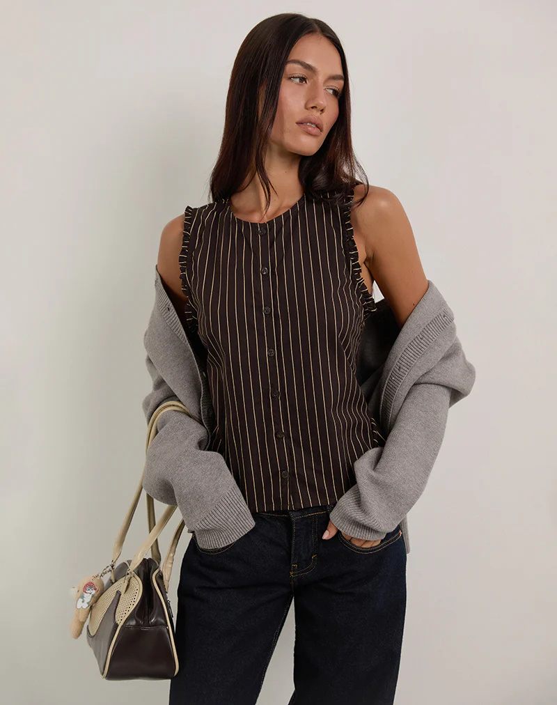 Yarala Blouse in Mono Pinstripe Chocolate