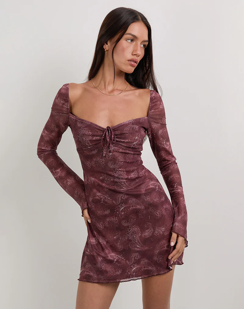 Modena Long Sleeve Mini Dress in Tonal Paisley Plum