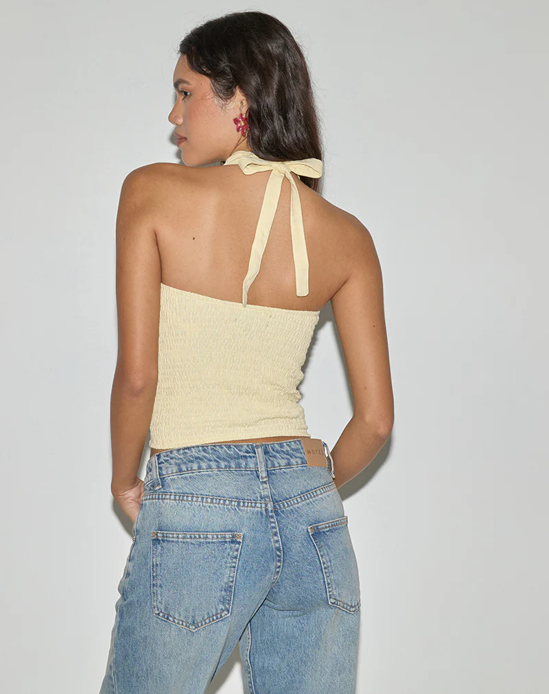 Lasy Linen Wrap Halterneck Top in Lemon