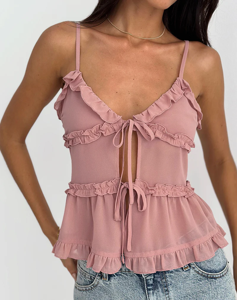 Raeya Tie Front Cami Top in Chiffon Pink