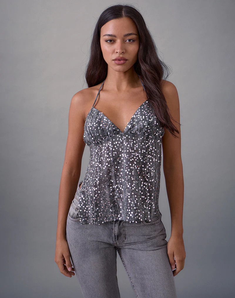 Rafina Halter Top in Chiffon Sequin Grey