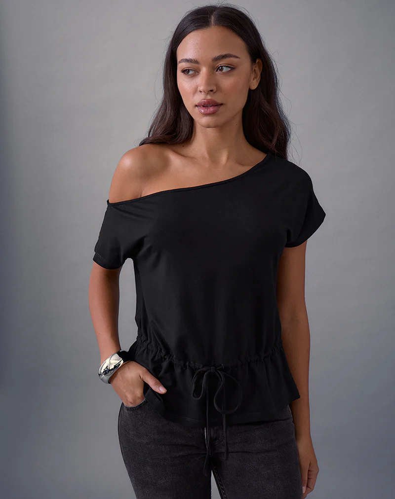 Sika One Shoulder Top in Black with Tie Belt