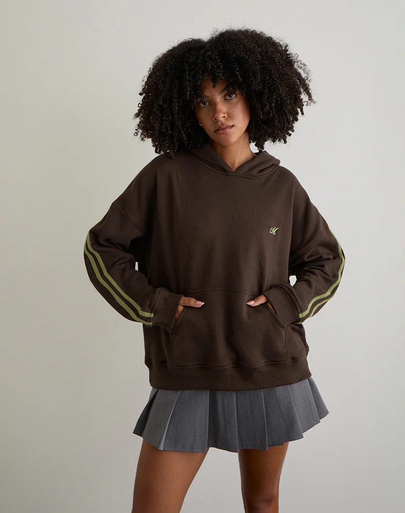 Lingwu Hoodie in Bitter Chocolate with Green Binding and M Embroidery