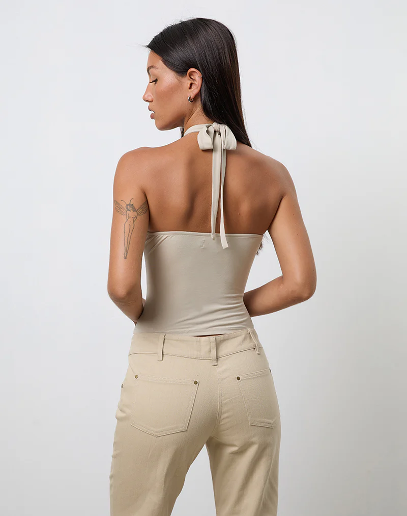Lorie Halterneck Top in Cupro Oatmilk with Metal Ring