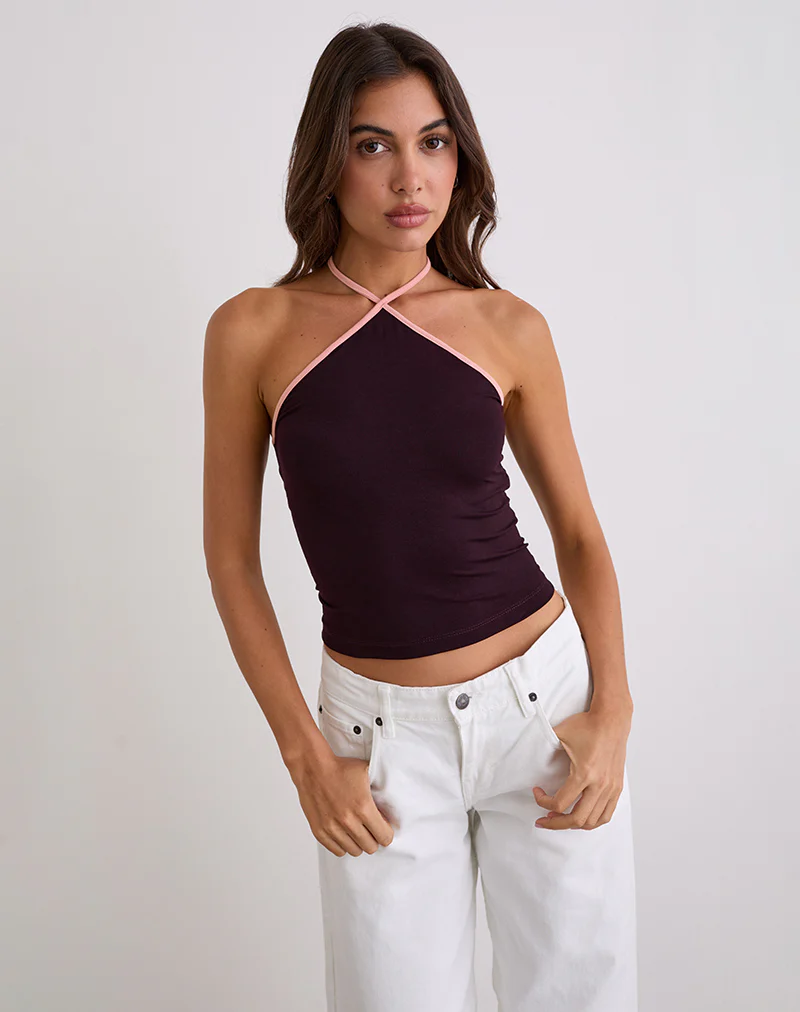 Lay Halterneck Top in Redwood with Pink Lady Binding
