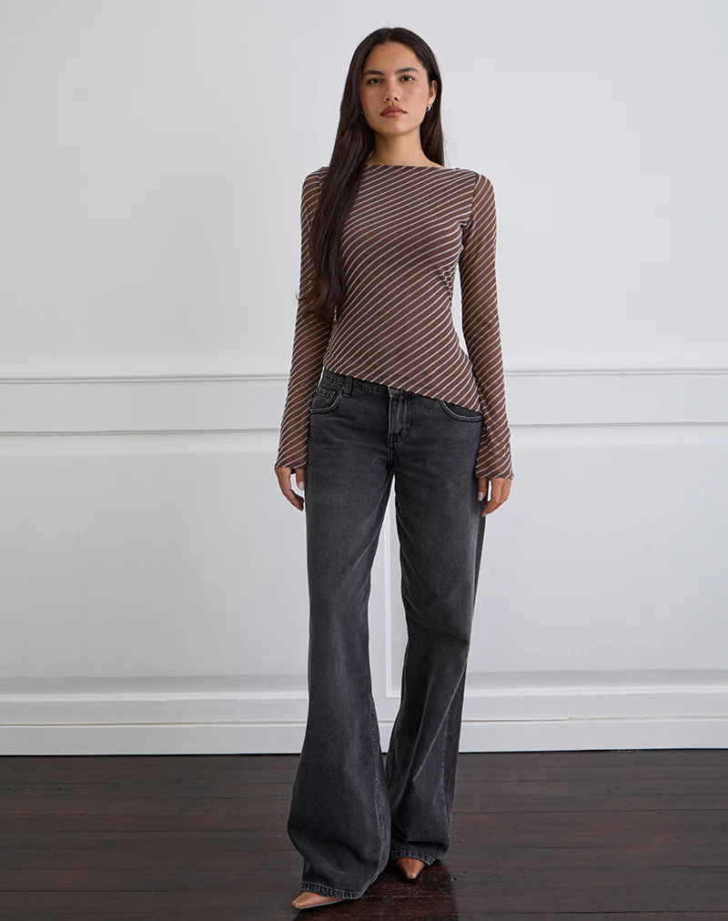 Lakya Long Sleeve Top in Diagonal Stripe Flocked Brown and Cream